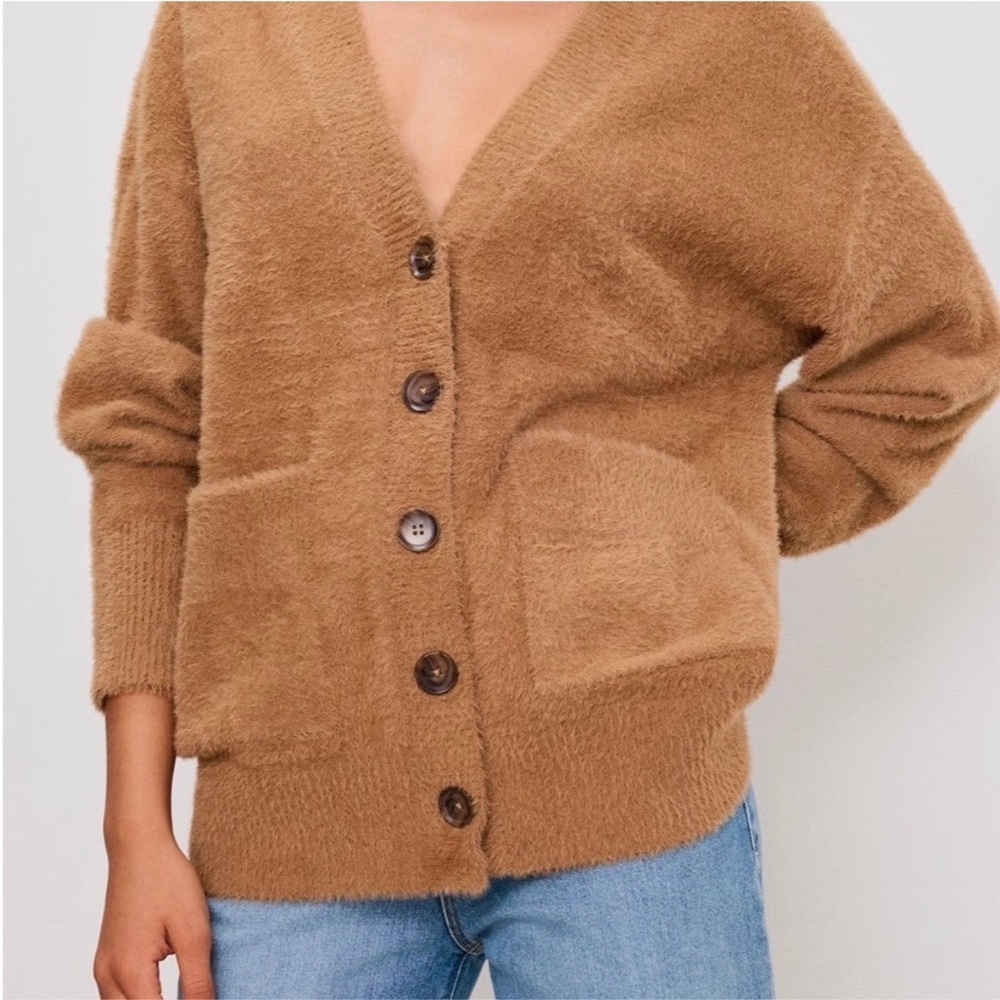 Good American Tan Eyelash Fuzzy Cardigan Sweater XXS/XS